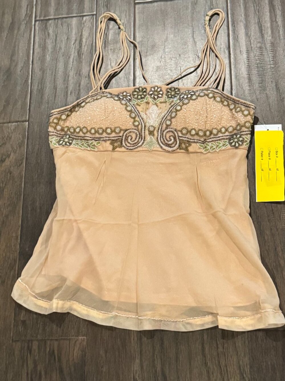 Sue Wong Silk Chiffon Y2K Camisole Beige Green Beaded Lace Top babydoll Deco #16 - Picture 3 of 16